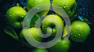 Fresh green apples with raindrops. Nature background. Food ecology and agriculture. Generative AI. Illustration for banner, poster