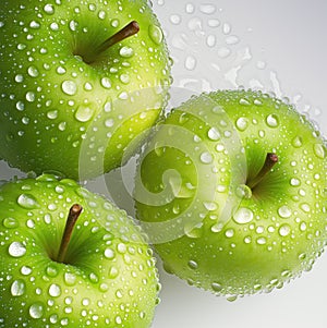 Fresh green apples with water drops