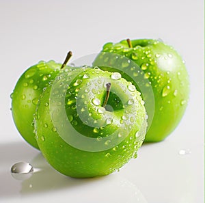 Fresh green apples with water drops