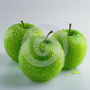 Fresh green apples with water drops