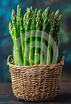 Fresh green asparagus in the basket on wooden table