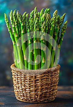 Fresh green asparagus in the basket on wooden table