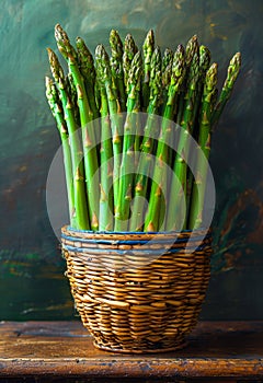 Fresh green asparagus in basket on wooden table selective focus