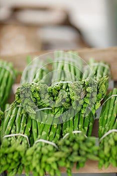 Fresh green asparagus in bundles decorated at the weekly market