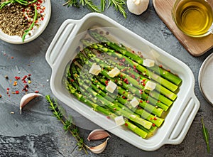 Fresh green asparagus with butter and spices ready for roasting, surrounded by ingredients on a grey surface.