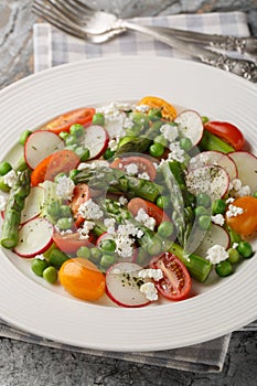 Fresh Green Asparagus salad witch goat cheese, green peas, radish and tomato closeup on the plate. Vertical