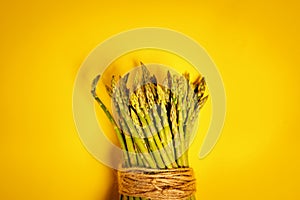 Fresh green asparagus tied with a string on a yellow background