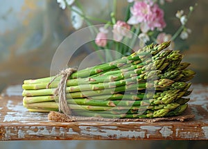 Fresh green asparagus on wooden table