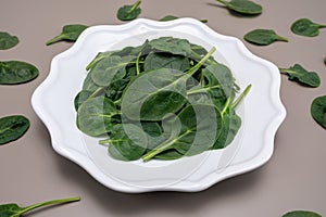 Fresh green baby Spinach leaves, diet and health concept, weight loss, spinach on ceramic plate, copy space