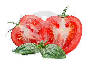 Fresh green basil leaves and cut tomato on white background