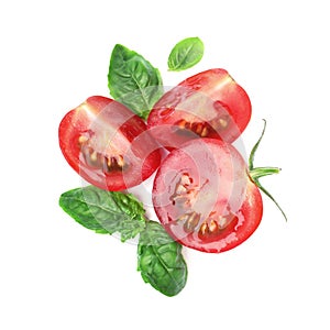 Fresh green basil leaves with cut tomato on white background, top view