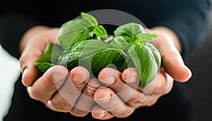 Fresh green basil leaves in girl`s hands