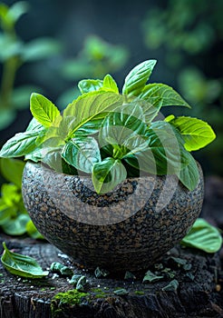 Fresh green basil leaves in mortar on wooden table