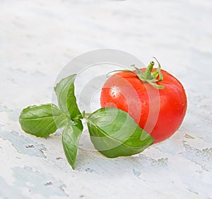 Fresh green basil and red tomato on a wooden background shabby