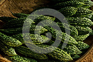 Fresh green bitter melon at the market