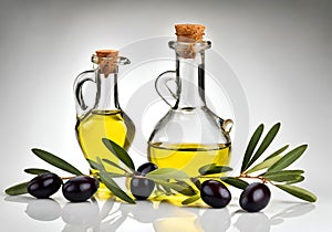 Fresh green and black olives and two jars of olive oil, with a branch with leaves.