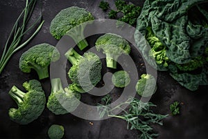Fresh green broccoli on dark background, top view, flat lay. Generative AI