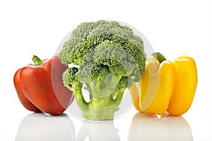 Fresh Green Broccoli with Red and Yellow Bell Pepper on White Background