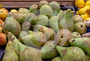Fresh green-brown pears for sale at at Wroclaw Market Hall