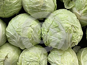 Fresh green cabbage on display in the vegetable section of a grocery store