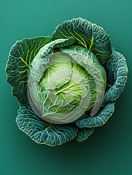 Fresh green cabbage isolated on a green background.