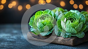 Fresh green cabbage on a wooden table