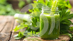 Fresh green celery juice in a glass jar on a rustic wooden table. Healthy lifestyle, natural detox drink. Vibrant colors