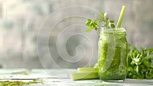 Fresh Green Celery Smoothie in a Glass Jar on a Wooden Surface. Healthy Lifestyle Drink, Detox and Diet Concept. Vivid