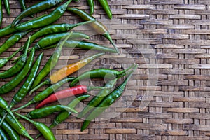 Fresh green chilli paste on bamboo background. Space left to place text.