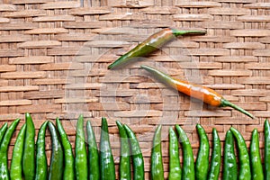 Fresh green chilli paste on bamboo background. Thai spices.