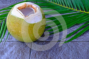 Fresh green coconut fruit and coconut leaves