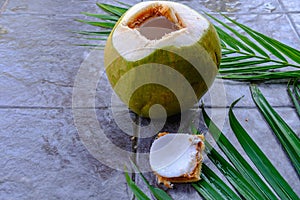 Fresh green coconut fruit and coconut leaves