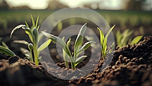 Fresh green corn sprouts in the spring on the field.