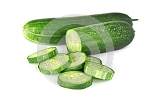 fresh green cucumber stack with slice isolate on white