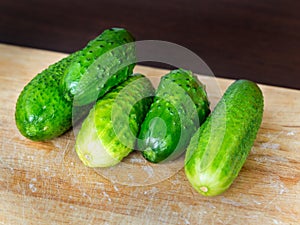 Fresh green cucumbers on a wooden rustic background