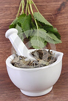 Fresh green and dried lemon balm in mortar, herbalism, alternative medicine