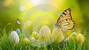 Fresh green Easter spring flower background with yellow butterfly art