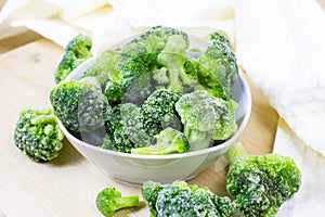 Fresh green frozen broccoli in small white bowl on light background.