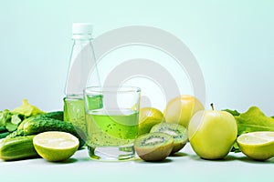 Fresh green fruits, vegetables and green smoothie in glass on the table.