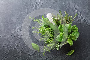 Fresh green garden herbs in mortar bowl on black stone table top view. Thyme, rosemary, basil, and tarragon for cooking.