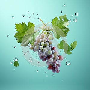 Fresh green grape cluster with green leaves, with water splash on blue background