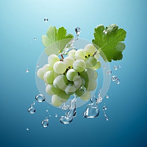 Fresh green grape cluster with green leaves, with water splash on blue background