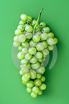 Fresh Green Grapes Cluster With Leaves on a Solid Green Background
