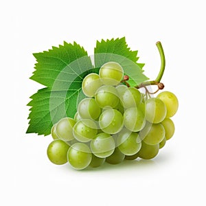 Fresh green grapes with leaves.isolated on white background.generative AI