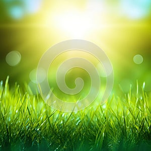 Fresh green grass background in sunny summer day. A natural spring garden background of fresh green grass for product display.