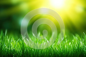 Fresh green grass background in sunny summer day. A natural spring garden background of fresh green grass for product display.