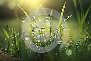 Fresh green grass banner with dew drops in morning sunlight. Beautiful nature closeup field landscape with water droplets.