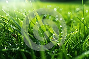 Fresh green grass with dew drops close-up. Natural background.