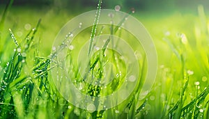 Fresh green grass with dew drops close up. Natural background. Ai generated