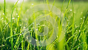 Fresh Green Grass with Dew Drops Close Up - Natural Background - AI generated